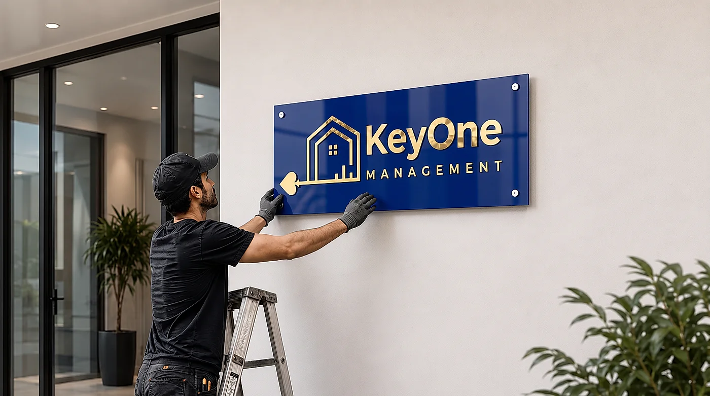 An installer mounting a KeyOne Management sign on an interior wall